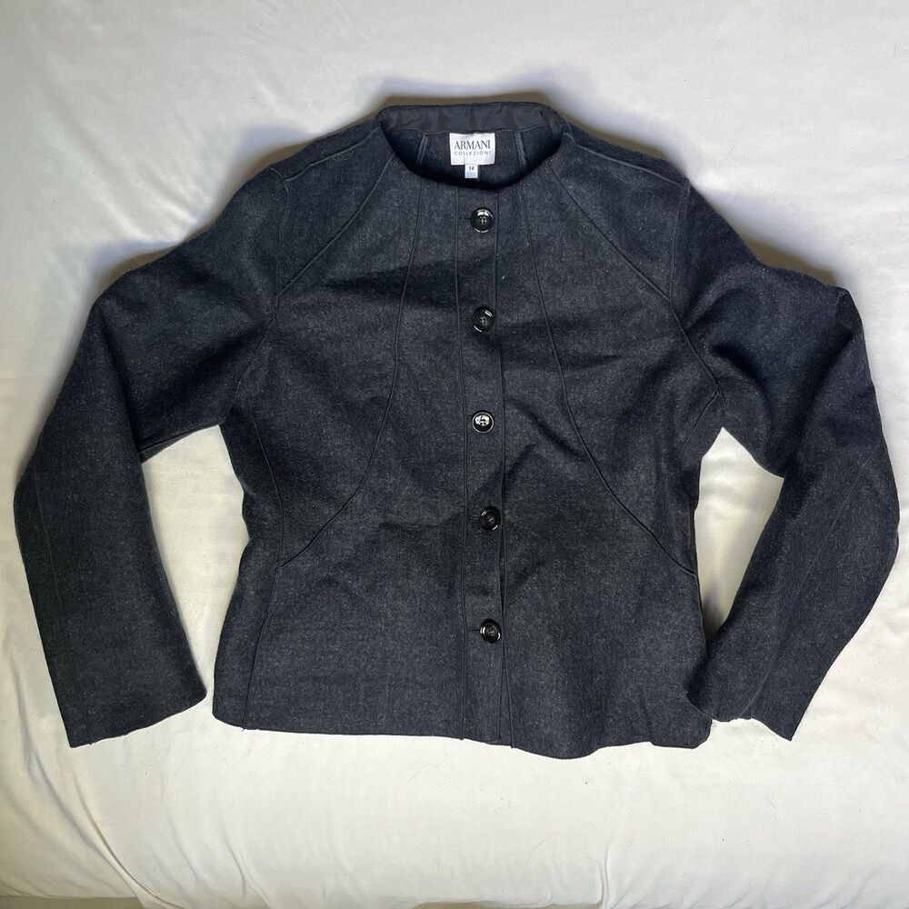 NEW Armani Collezioni Sz 14 Navy Wool Jacket Crew Neck Front Button Closure
